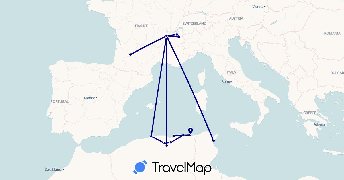 TravelMap itinerary: driving in Algeria, France, Tunisia (Africa, Europe)